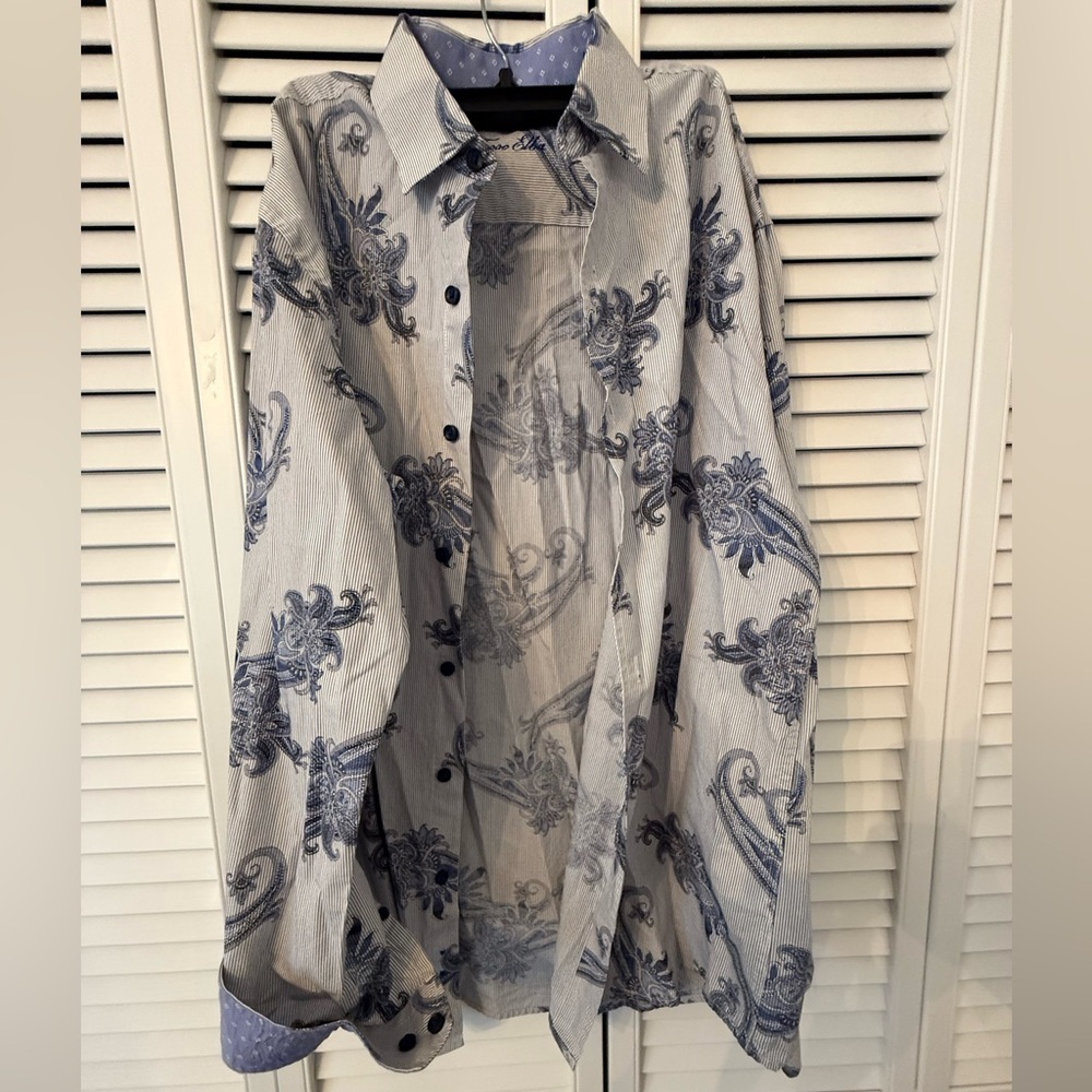 Tasso Elba Shirt Mens M White Blue Paisley 100% Cotton Long Sleeve Button-Up